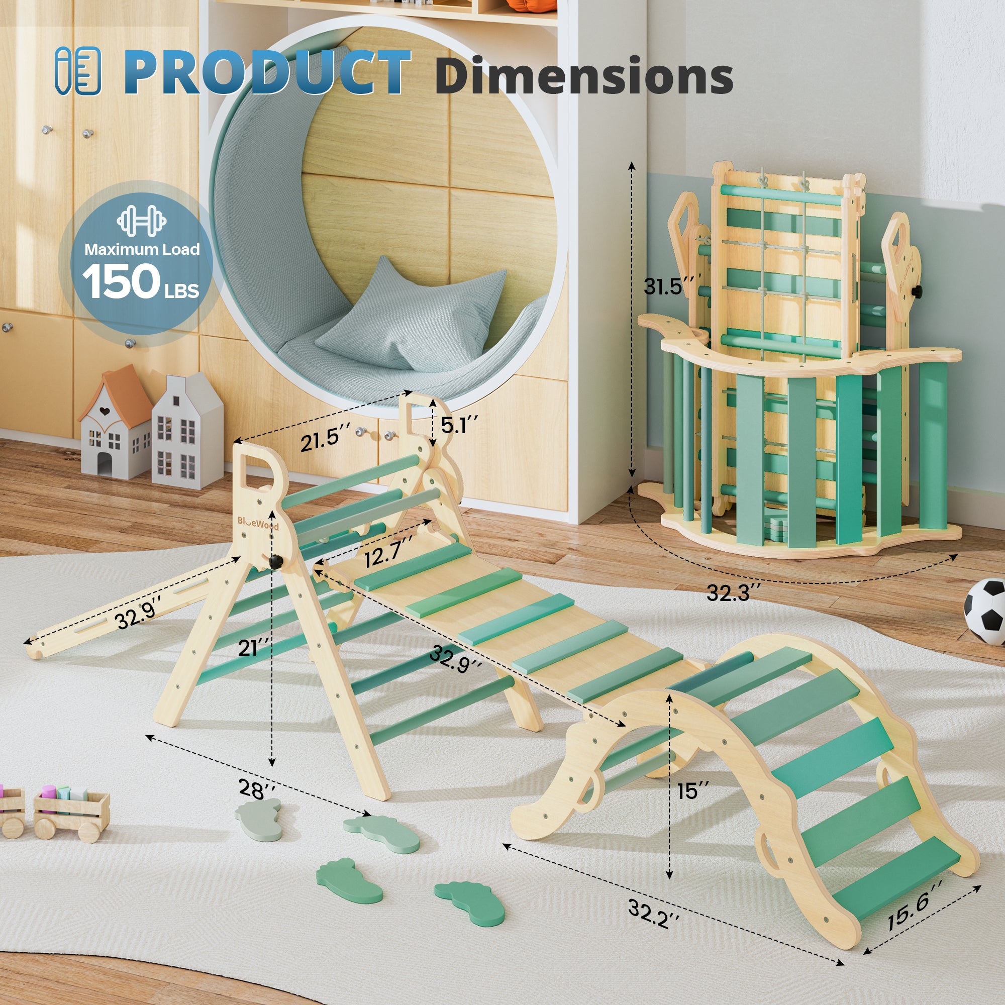 Ramble- Juego triangular Pikler BlueWood® con escalera de cuerda *Follaje